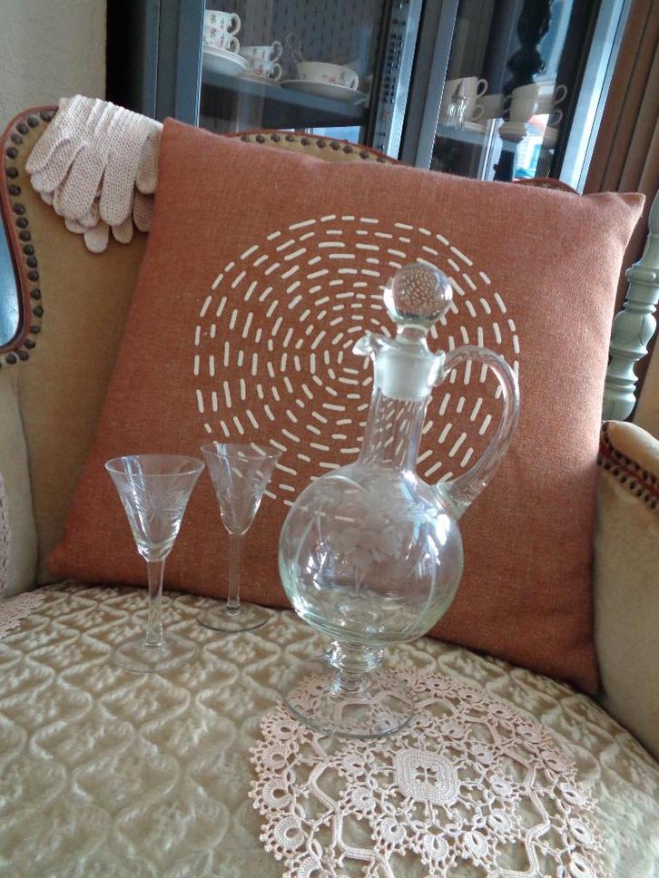 Vintage Geslepen Karaf & 2 Glazen ** Mimosa **, Antiek en Kunst, Antiek | Glas en Kristal, Ophalen of Verzenden