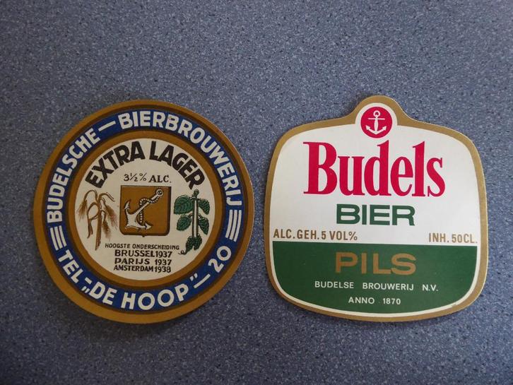 Twee etiketten Budels bier, Verzamelen, Biermerken, Nieuw, Overige typen, Overige merken, Ophalen of Verzenden
