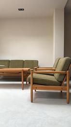 Vintage houten zithoek: bank, salontafel en 2 fauteuils, Ophalen, -, -, Vintage