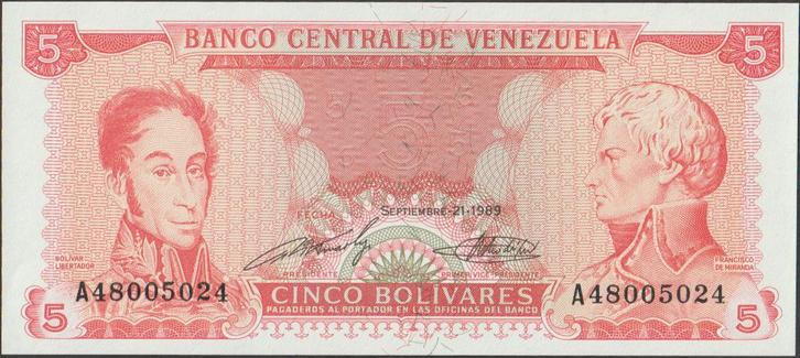 Venezuela 5 bolivares 1989 aUNC p.70b (# 686), Postzegels en Munten, Bankbiljetten | Amerika, Los biljet, Zuid-Amerika, Verzenden