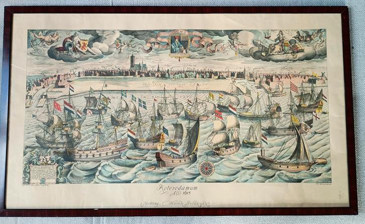 Rotterdam 17e Eeuw: Kleurrijke Havenprent (groot formaat), Antiek en Kunst, Kunst | Etsen en Gravures, Ophalen of Verzenden