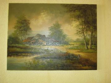 Klassiek gesigneerd schilderij. Boerderij en landschap. beschikbaar voor biedingen