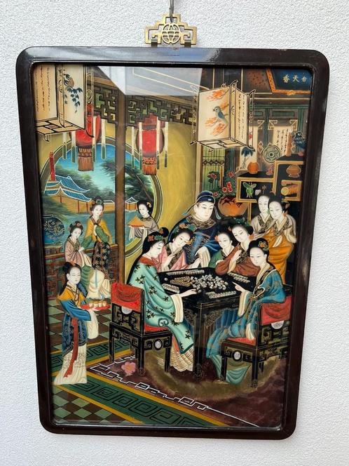 Chinees schilderij omgekeerd geschilderd glas Mahjong dames, Antiek en Kunst, Kunst | Niet-Westerse kunst, Ophalen