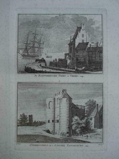 005-006 / Veere Kasteel Zandenburg Kopergravure 1754, Antiek en Kunst, Kunst | Etsen en Gravures, Ophalen of Verzenden