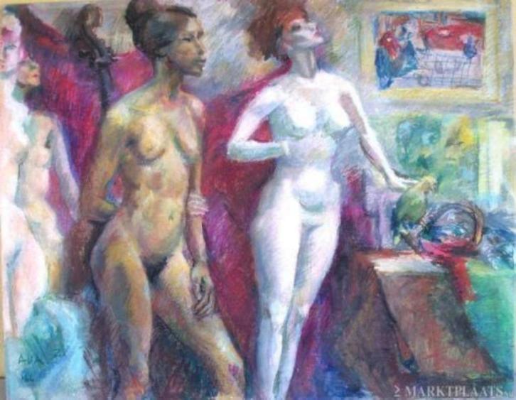 =gesigneerd==gemengde techniek==twee vrouwelijk naakten, Antiek en Kunst, Kunst | Schilderijen | Klassiek, Ophalen