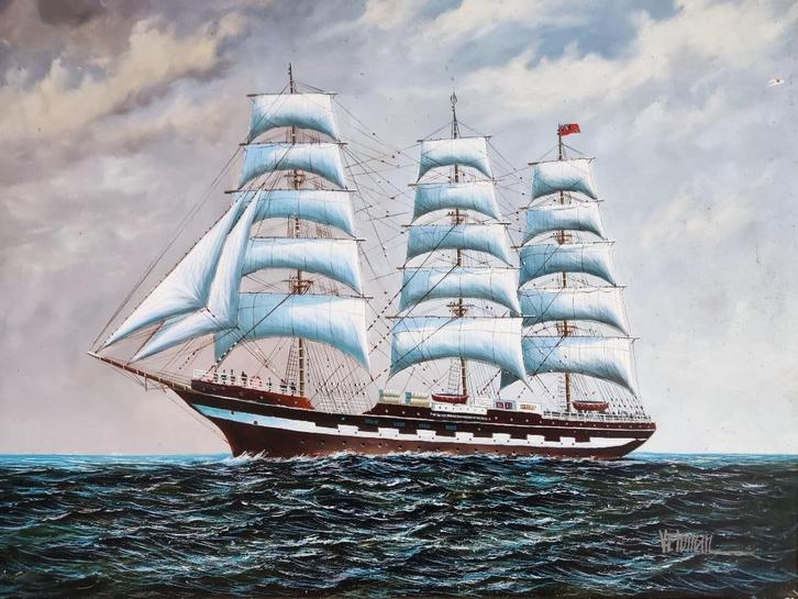 Hollandse School (XX)- Veldman Driemaster op zee, Antiek en Kunst, Kunst | Schilderijen | Klassiek, Ophalen of Verzenden