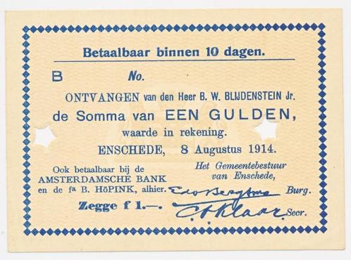 Enschede Noodgeld 1 Gulden 1914, Postzegels en Munten, Bankbiljetten | Nederland, Los biljet, 1 gulden, Ophalen of Verzenden