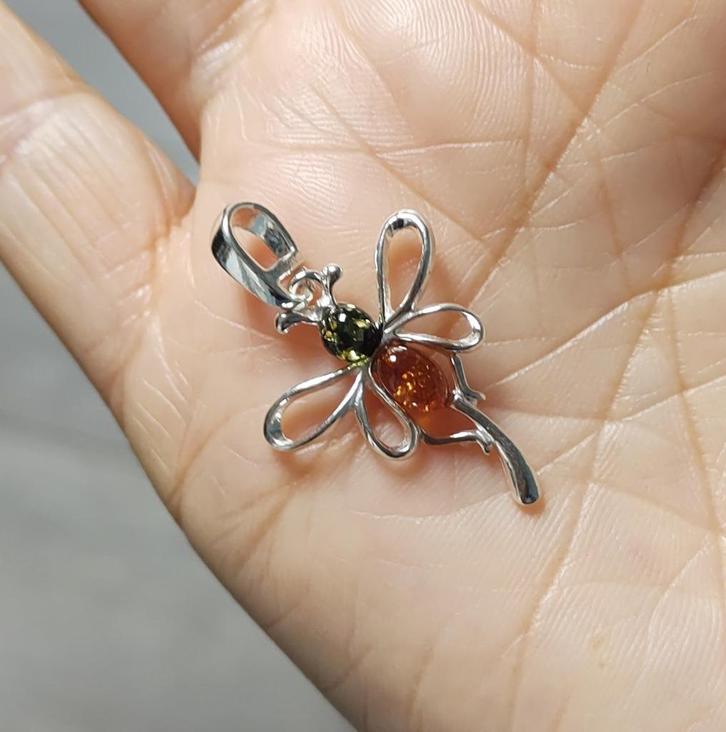 925 zilveren hanger Libelle met natuurlijke Barnsteen(Amber), Sieraden, Tassen en Uiterlijk, Kettinghangers, Nieuw, Zilver, Zilver