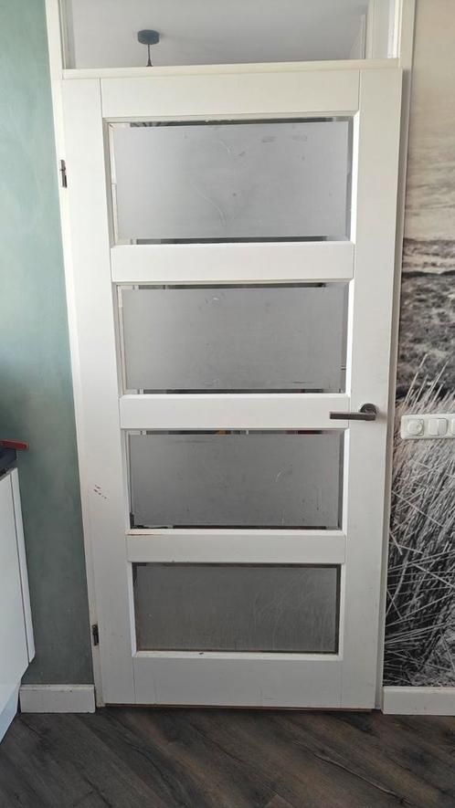 Opdekdeur 201*93 - 4 glaspanelen (gedeeltelijk mat), Doe-het-zelf en Verbouw, Deuren en Horren, Gebruikt, Binnendeur, 200 tot 215 cm