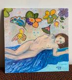 Liggend naakt met bloemen en vogel, Ophalen of Verzenden