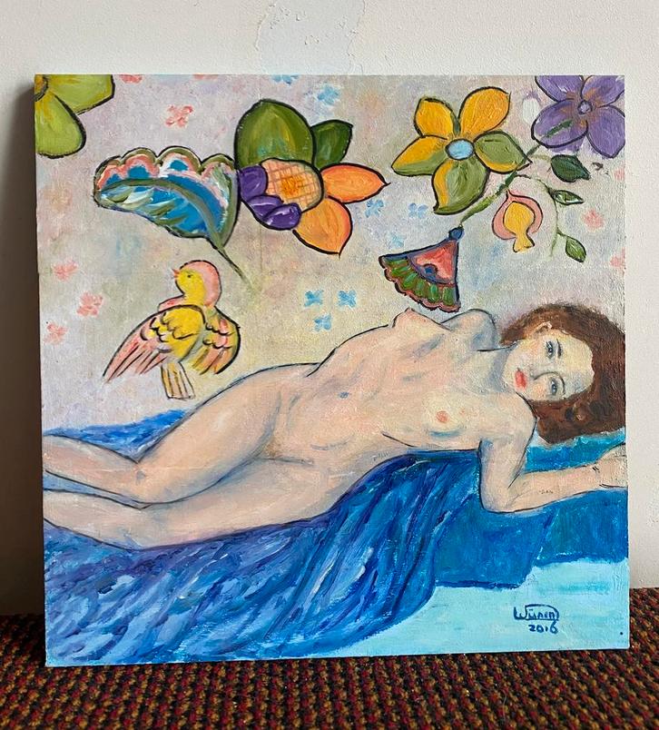 Liggend naakt met bloemen en vogel, Antiek en Kunst, Kunst | Schilderijen | Modern, Ophalen of Verzenden