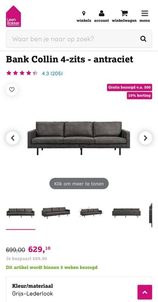 Bank Collin 4-zits - antraciet leenbakker, Huis en Inrichting, Banken | Bankstellen, Gebruikt, 200 tot 250 cm, 75 tot 100 cm, Ophalen