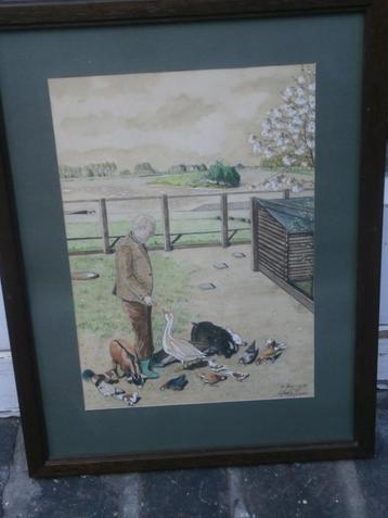 HANS GIEZEN, Mooie Aquarel/Pastel Dieren voeren bij het Hok  beschikbaar voor biedingen