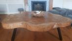 Suar boomstam salontafel 156/145/10 + rvs poten NIEUW, Huis en Inrichting, Tafels | Salontafels, Ophalen of Verzenden, Minder dan 50 cm