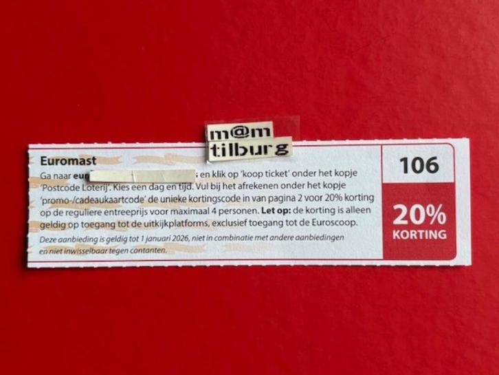 Bon 106 Euromast 20% korting voor max 4 personen, Tickets en Kaartjes, Kortingen en Cadeaubonnen, Drie personen of meer, Overige typen