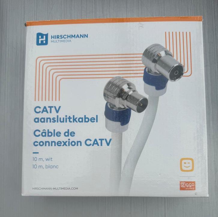 Hirschmann CATV Coax kabel 10m wit aansluitkabel in doos, Audio, Tv en Foto, Audiokabels en Televisiekabels, Zo goed als nieuw