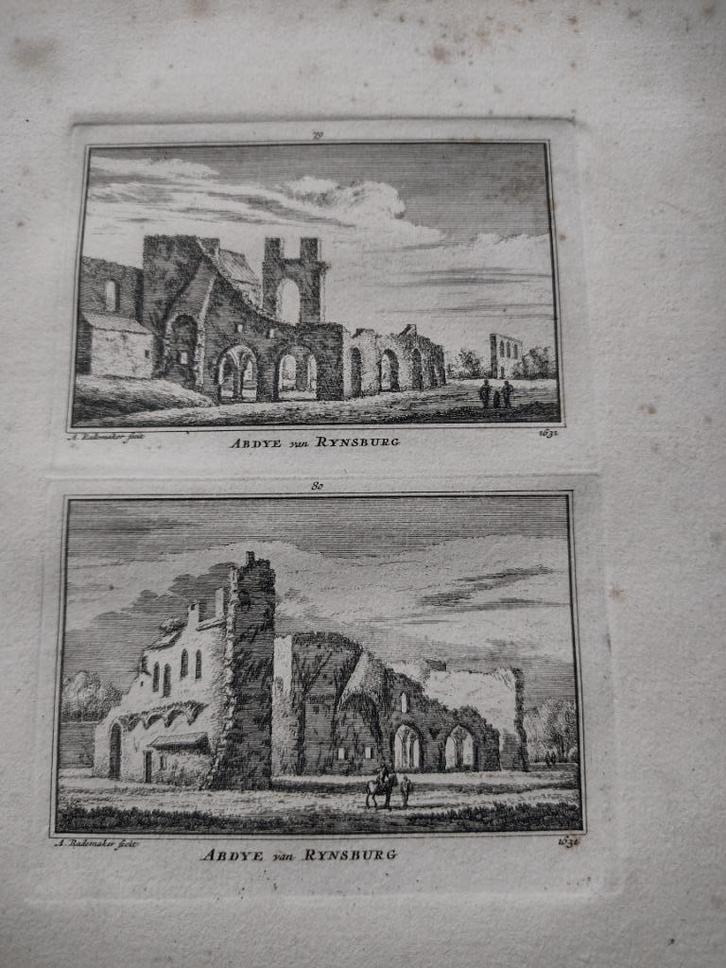079/080 Rijnsburg Ruïne van de Abdij Kopergravure dl 3, Antiek en Kunst, Kunst | Etsen en Gravures, Ophalen of Verzenden