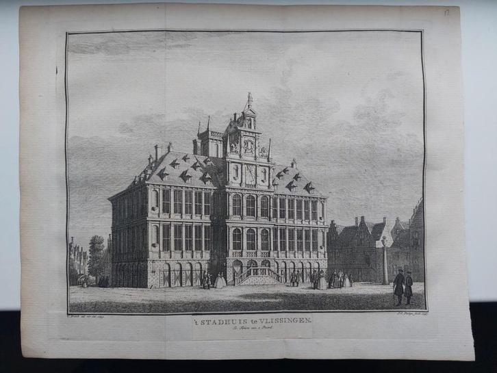 12 / Stadhuis Vlissingen Gravure uit 1747 door J.C. Philips, Antiek en Kunst, Kunst | Etsen en Gravures, Ophalen of Verzenden