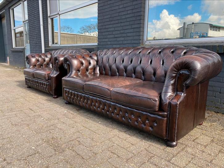 Chesterfield 3+2 zit bankstel bruin GRATIS BEZORGD, Huis en Inrichting, Banken | Bankstellen, Gebruikt, 150 tot 200 cm, 75 tot 100 cm