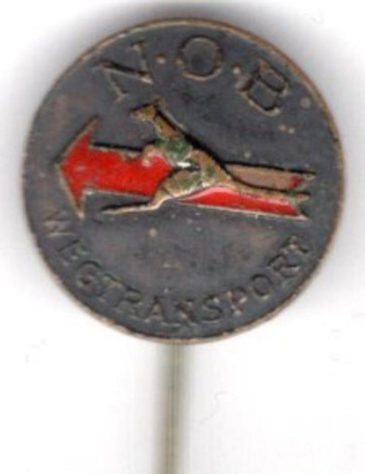 N.O.B. wegtransport blauw op koper speldje ( E_090 ), Verzamelen, Speldjes, Pins en Buttons, Zo goed als nieuw, Speldje of Pin