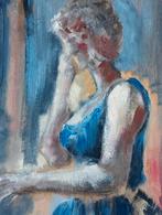 Gouache olieverf op papier vrouw in blauwe jurk, Antiek en Kunst, Kunst | Tekeningen en Foto's, Verzenden