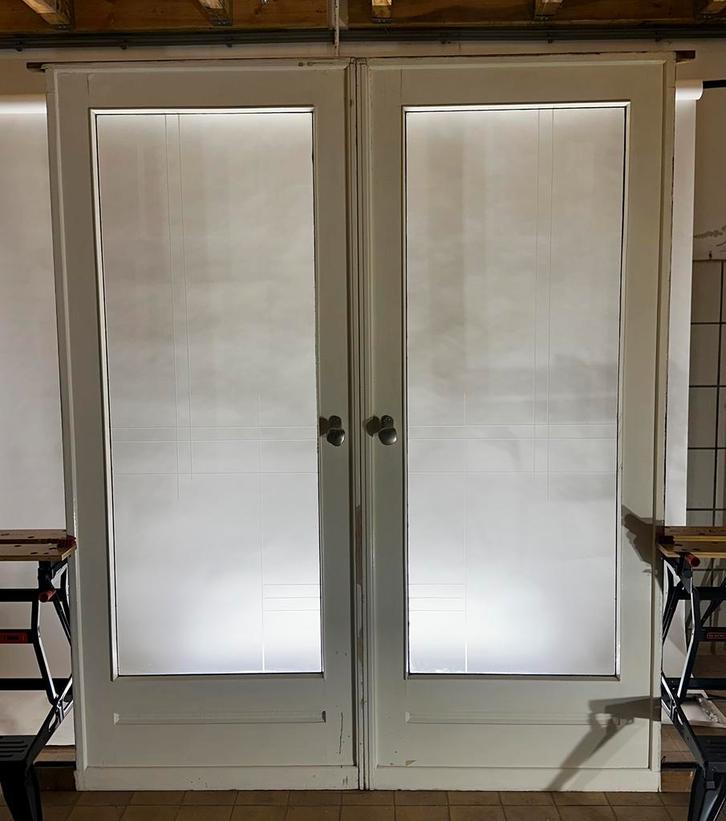 Set ensuite schuifdeuren met geslepen glas, Doe-het-zelf en Verbouw, Kozijnen en Schuifpuien, Zo goed als nieuw, Deurkozijn, Hout