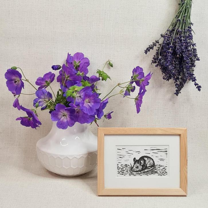 linosnede muis, passe partout en lijst 10x15 cm, handgemaakt, Huis en Inrichting, Woonaccessoires | Schilderijen, Tekeningen en Foto's