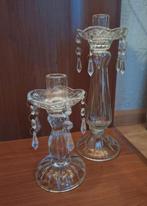 2 glazen kandelaars met glazen druppelvangers, Antiek en Kunst, Ophalen of Verzenden, Glas