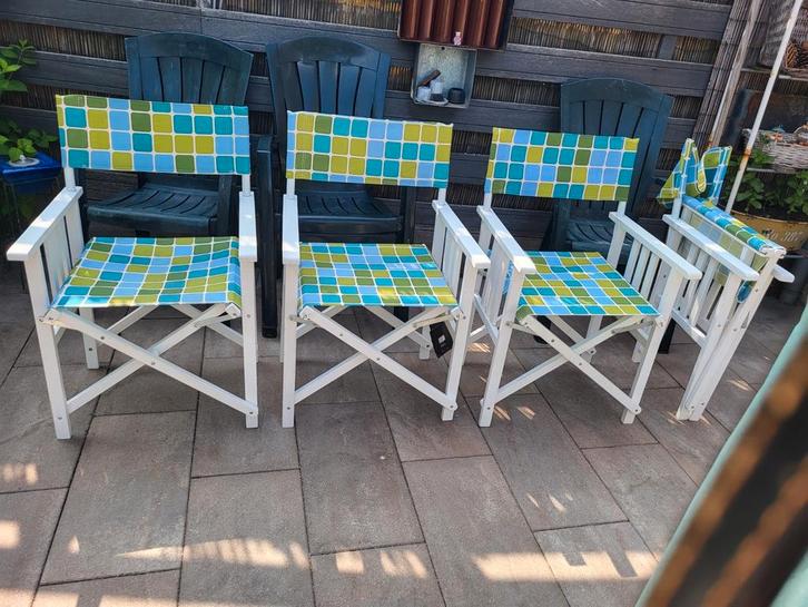 Vouwstoelen + Voetenbankjes - Set van 4, Tuin en Terras, Tuinstoelen, Gebruikt, Hout, Inklapbaar, Ophalen of Verzenden