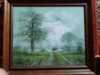 Oud schilderij, landschap met paarden. 65 X 75 . Mooie lijst, Ophalen of Verzenden