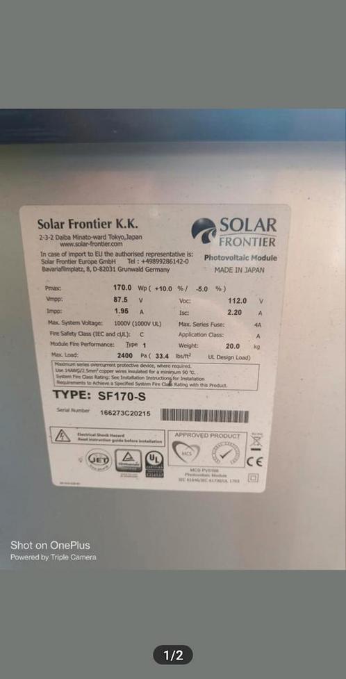 15 stuks Solar frontier SF170-S zonnepanelen
170 watt piek, Doe-het-zelf en Verbouw, Zonnepanelen en Toebehoren, Zo goed als nieuw