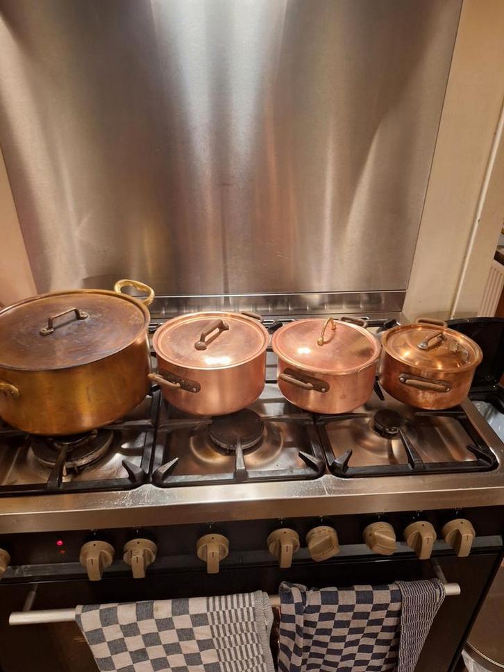 Mauviel en Drie kronen Eenhoorn koperen pannen 4 stuks, Huis en Inrichting, Keuken | Potten en Pannen, Gebruikt, Pannenset, Overige materialen