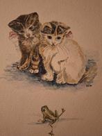 Aquarel twee schattige poesjes met kikker, Ophalen of Verzenden