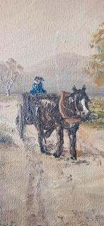 Oud boslandschap olieverf op doek met paard en kar, Antiek en Kunst, Ophalen