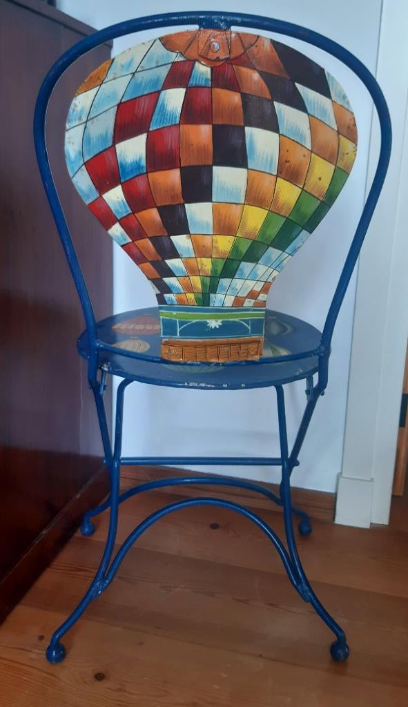 2 Vintage uniek beschilderde klapstoeltjes, Ophalen, Gebruikt, Twee, Blauw