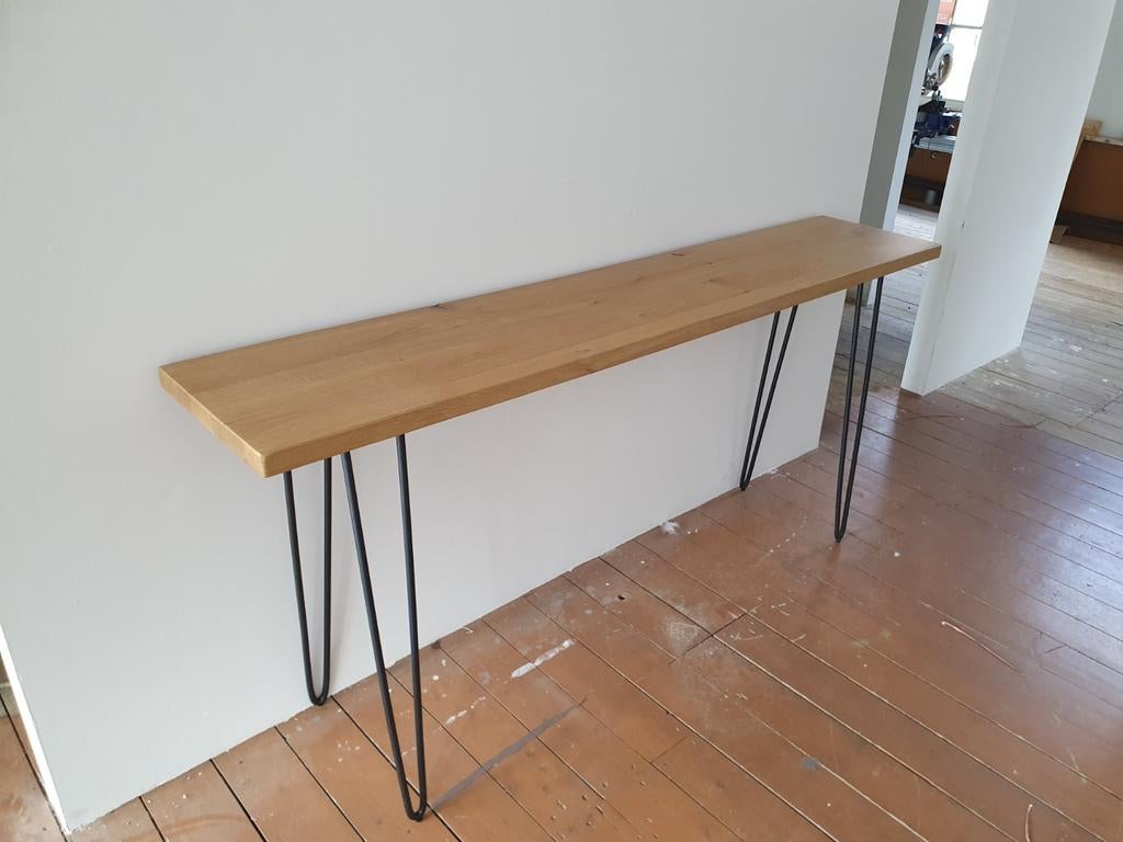 Massief eiken tafel / sidetable – industrieel design, Ophalen, 25 tot 50 cm, Rechthoekig, 200 cm of meer