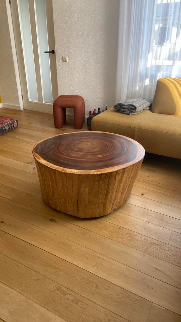 Mango houten salontafel, Huis en Inrichting, Tafels | Salontafels, Ophalen, 50 tot 100 cm, Rond, Zo goed als nieuw