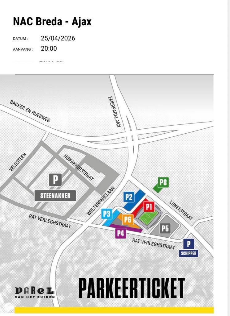 Parkeerkaart P1 nac - ajax 25 maart vip parkeren, Eén persoon