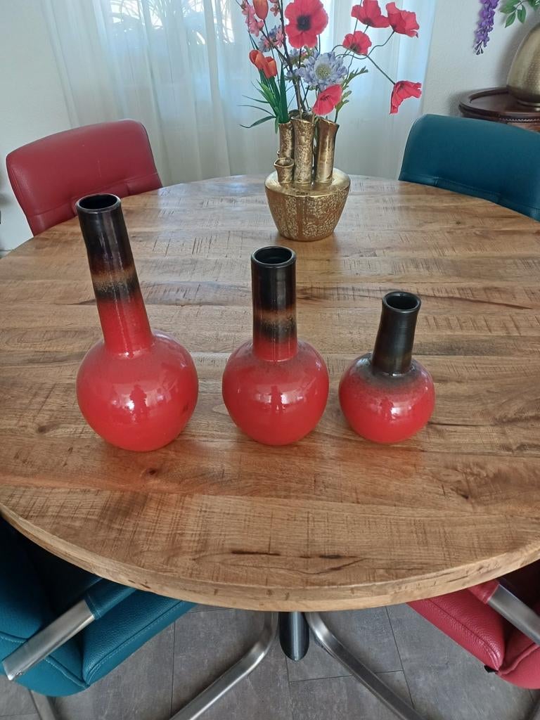 Vintage zet van drie fat lava vulkaan vazen, Overige kleuren, Ophalen of Verzenden, Minder dan 50 cm, Glas