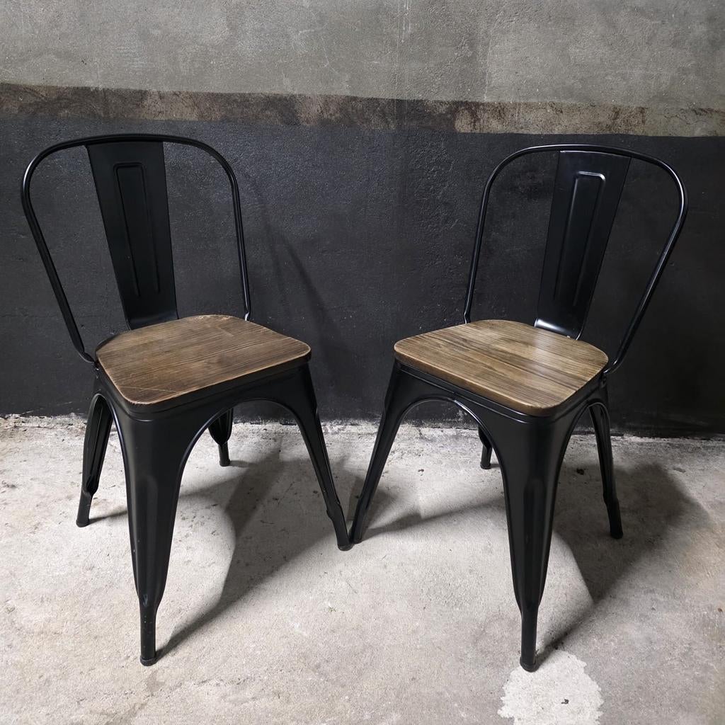 61 Industriële stoelen hout metaal Tolix cafe horeca kantine, Zwart, Ophalen of Verzenden, Zo goed als nieuw, Vijf, Zes of meer stoelen