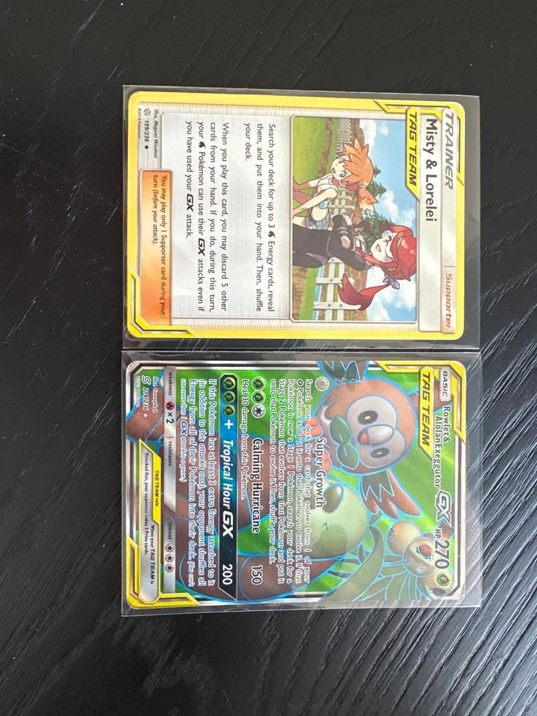 Pokémon Kaarten: Misty & Lorelei en Rowlet & Alolan Exegguto, Ophalen of Verzenden, Zo goed als nieuw, Meerdere kaarten