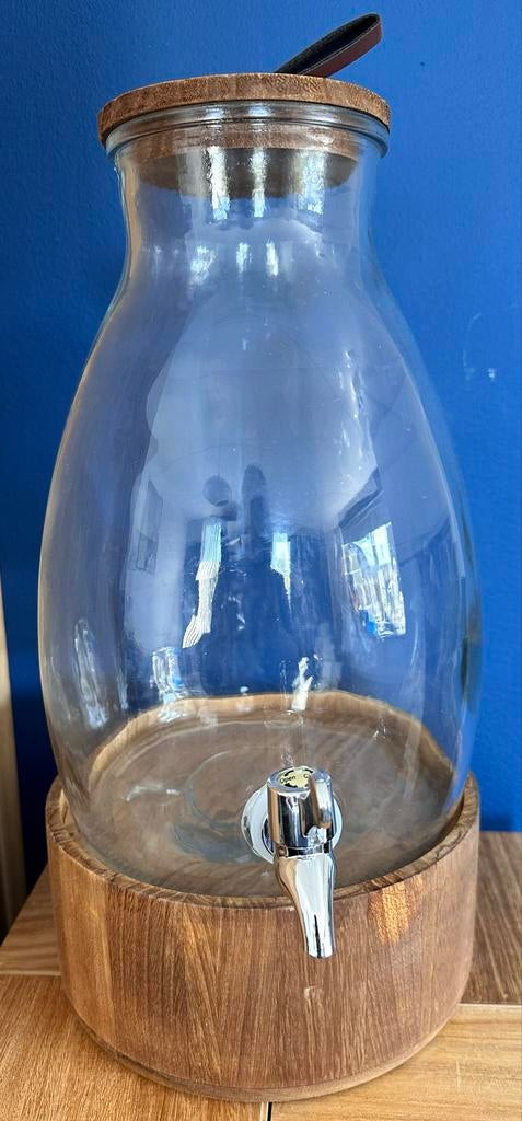 Glazen Drankdispenser met Houten Voet en Kraan - 5 Liter, Overige typen, Ophalen of Verzenden, Gebruikt, Glas