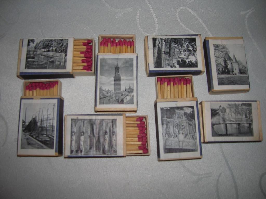 Houten Lucifersdoosjes Serie 8 stuks Kampen Stadsgezichten, Verzamelen, Rookartikelen, Aanstekers en Luciferdoosjes, Ophalen of Verzenden