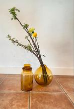 Ronde vaas en glazen pot geel vintage, Ophalen of Verzenden