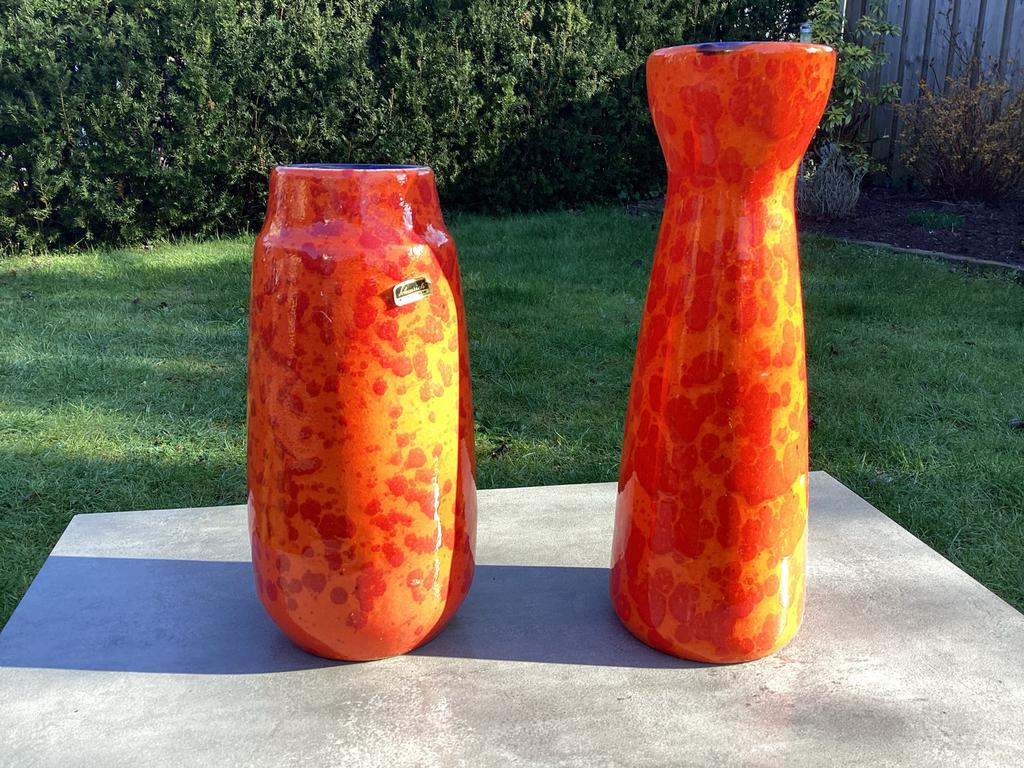 Twee retro vazen van Scheurich West Germany 520/32 & 203/26, Gebruikt, Aardewerk of Porselein, Oranje, Ophalen of Verzenden