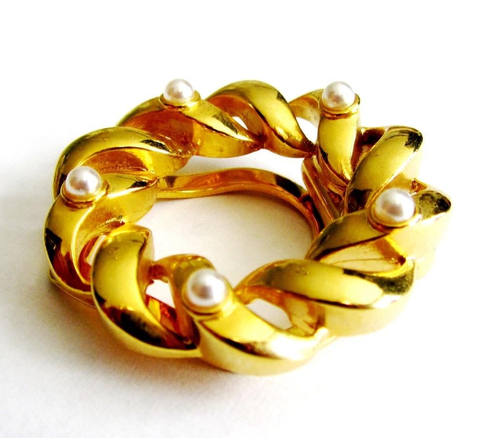 Prachtige grote vintage Sjaalklem met f-parels verguld, Sieraden, Tassen en Uiterlijk, Broches, Verzenden, Zo goed als nieuw, Goud