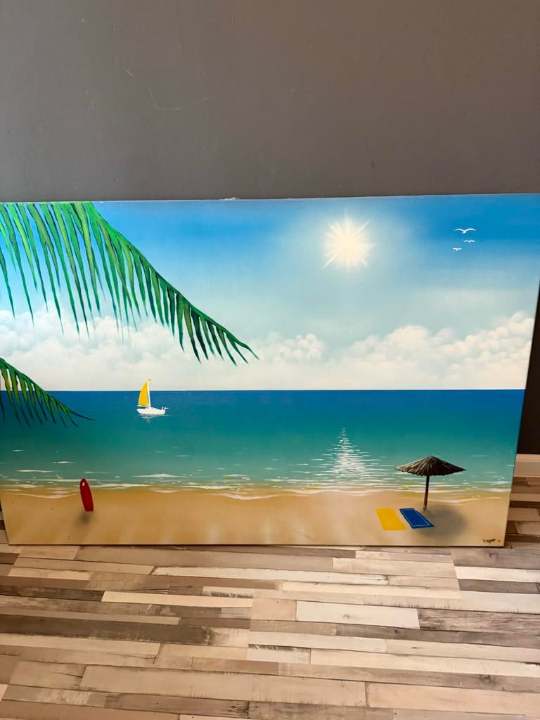 Zomers Airbrush Schilderij Strand Zee Palmboom Zeilboot, Antiek en Kunst, Ophalen of Verzenden