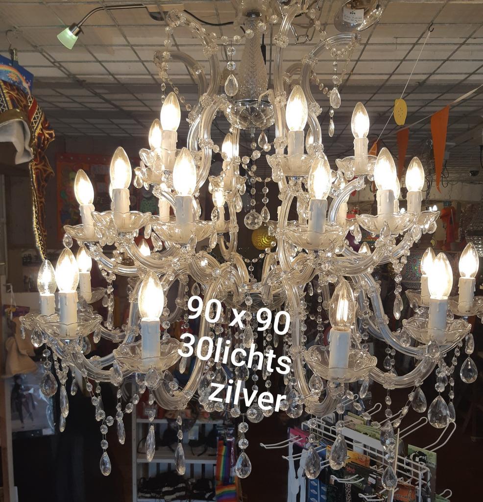 Grote Kroonluchter 90x90cm, 30-lichts Zilver, Ophalen of Verzenden, Gebruikt, Glas, Klassiek, Kristal, Luxe