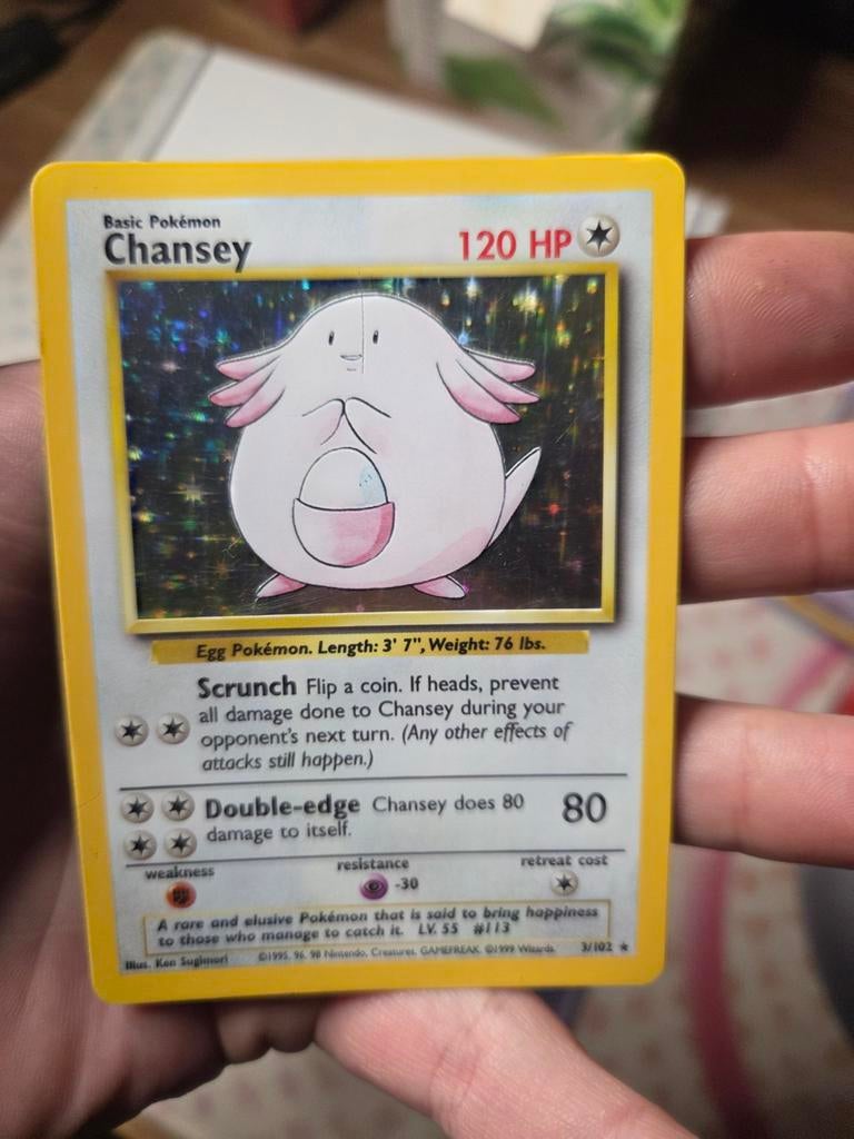 Chansey 3/102 Holo Base Set 1999 Wotc  Nr2, Ophalen of Verzenden, Zo goed als nieuw, Losse kaart, Foil