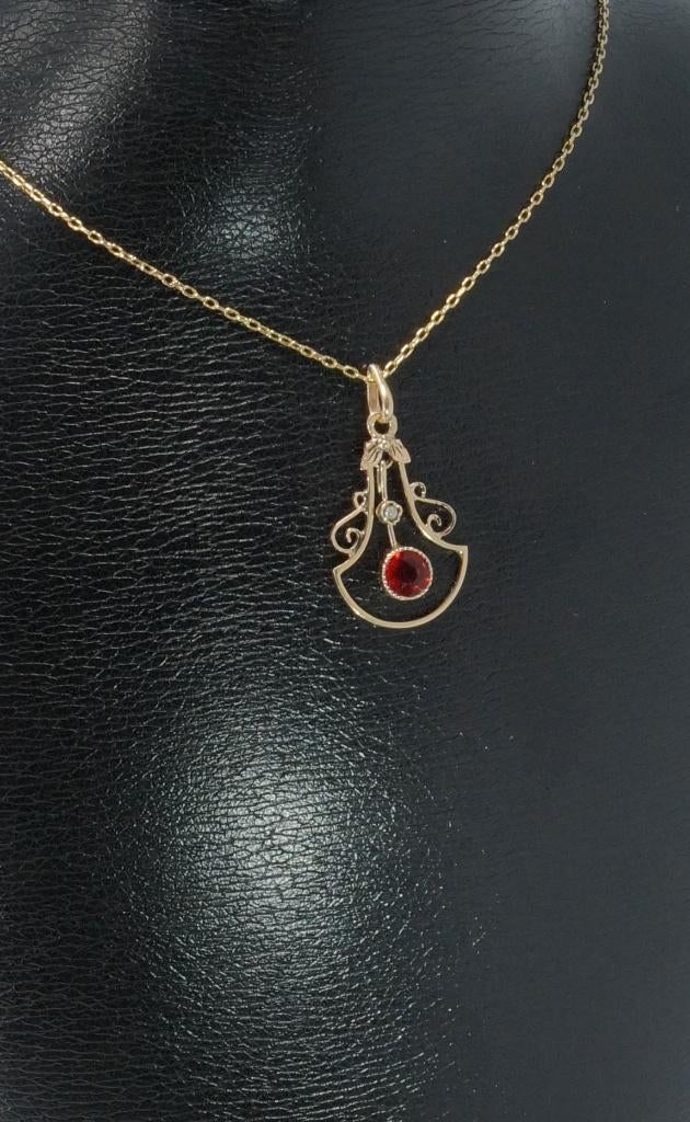 Jugendstil robijn parel 14k gouden ketting hanger antiek, Verzenden, Goud, Hanger, Met edelsteen